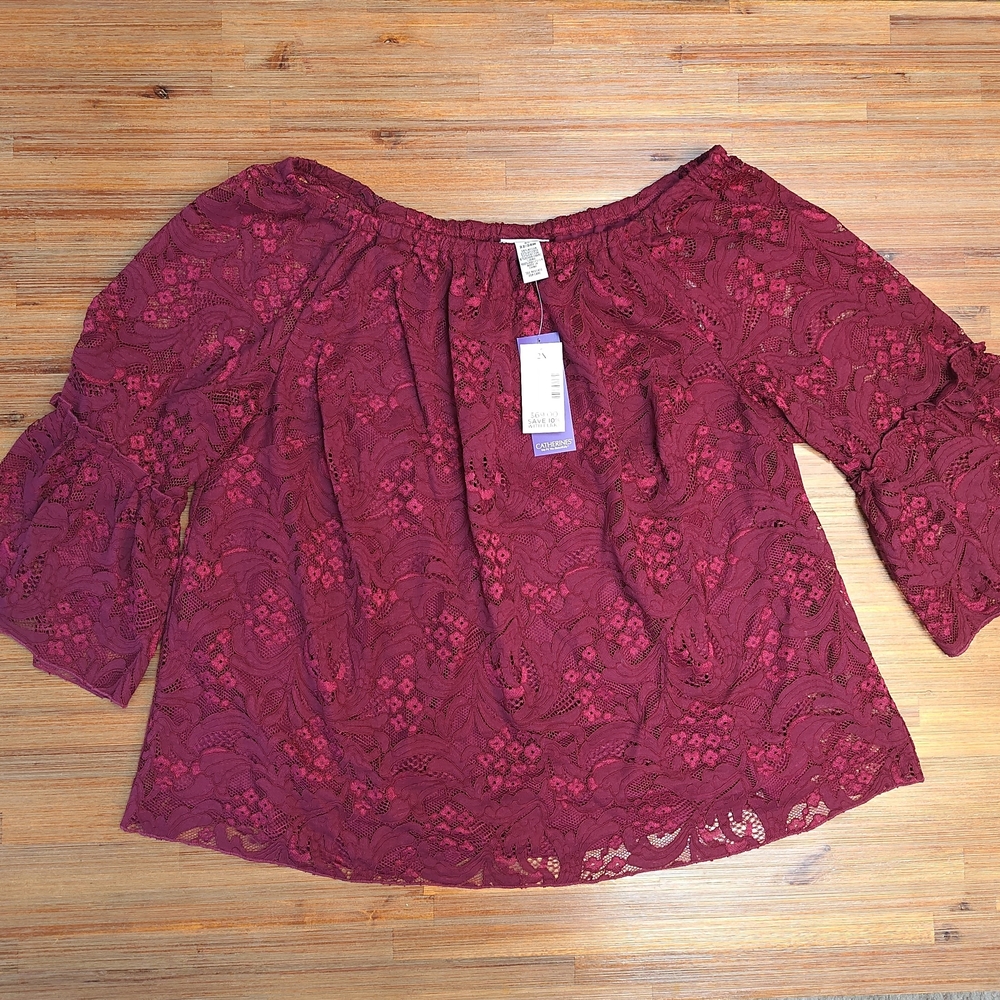 Catherines Burgundy Lace Off-Shoulder Blouse